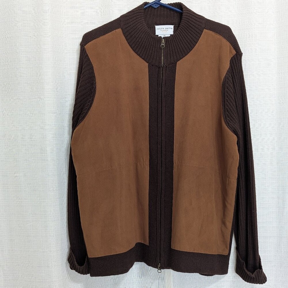 Jaclyn Smith Wool Blend Faux Suede Knit Sweater Jacket brown Colorblock 1X Tan